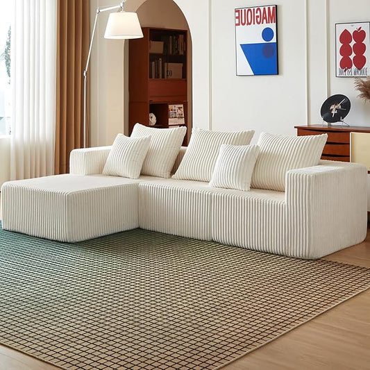 100.7 Inch Cloud Sectional Couch, Boneless Sofa for Living Room, Corduroy Modular Couch with L Shape Chaise, Modern Compressed Sofa in a Box, Memory Foam Filling (Beige)