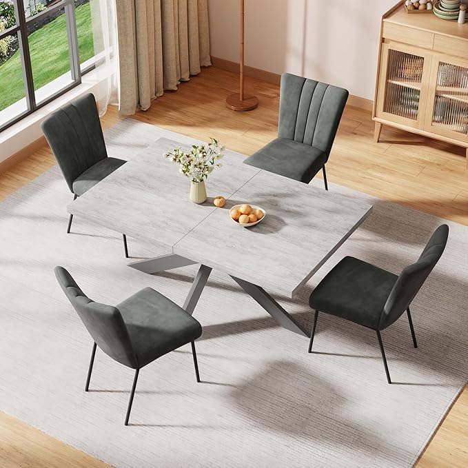 ZckyCine 6-Piece Extendable Dining Table Set, Modern 63''–79'' Grey Wood Table with 6 Grey Fabric Chairs, Dining Room Table and Chairs for 6, Ideal for Kitchen or Dining Room