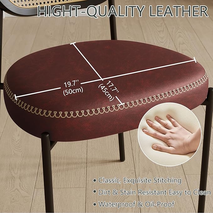 Rattan Dining Chairs Set of 2, Wine Leather Upholstered Dining Chairs with Rattan Cane Back, Mid Century Modern Dining Room Chairs with Black Metal Legs & D-Shaped Thicken Cushion, Wine