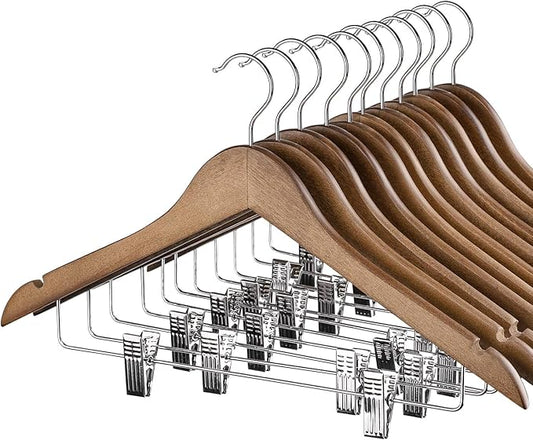 HOUSE DAY Wooden Hangers with Clips 12 Pack, Heavy Duty Walnut Wood Pants Hanger, Premium Skirt Hanger with Adjustable Clips, Solid Clip Hangers for Suit, Blouse, Dress, Coat, Jacket, Bottom