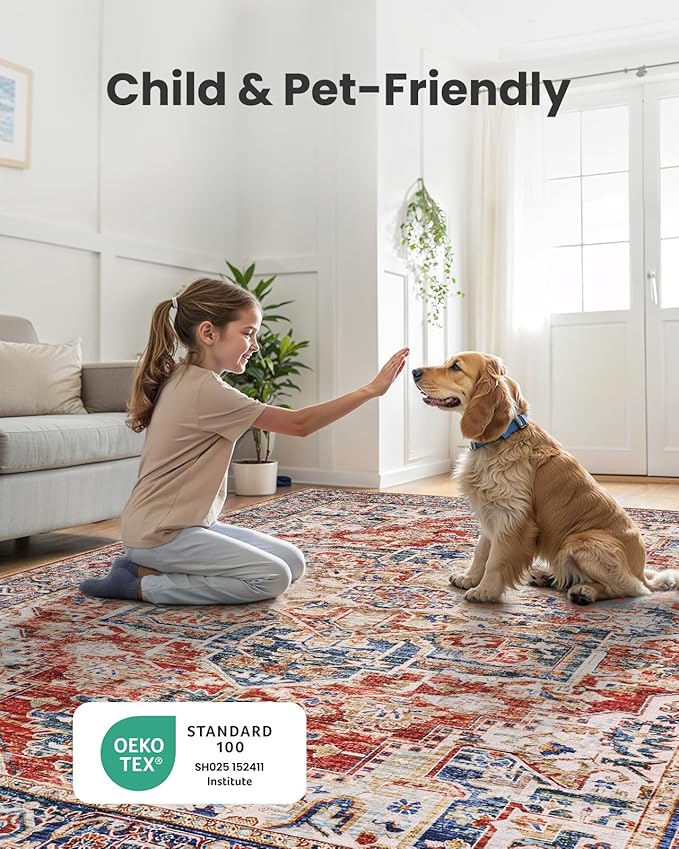 AMADA HOMEFURNISHING 9x12 Washable Area Rug, Low-Profile Large Area Rug with Non-Slip Backing & Durable Edge Binding, Vintage Large Rugs for Living Room, Bedroom & Dinning Room