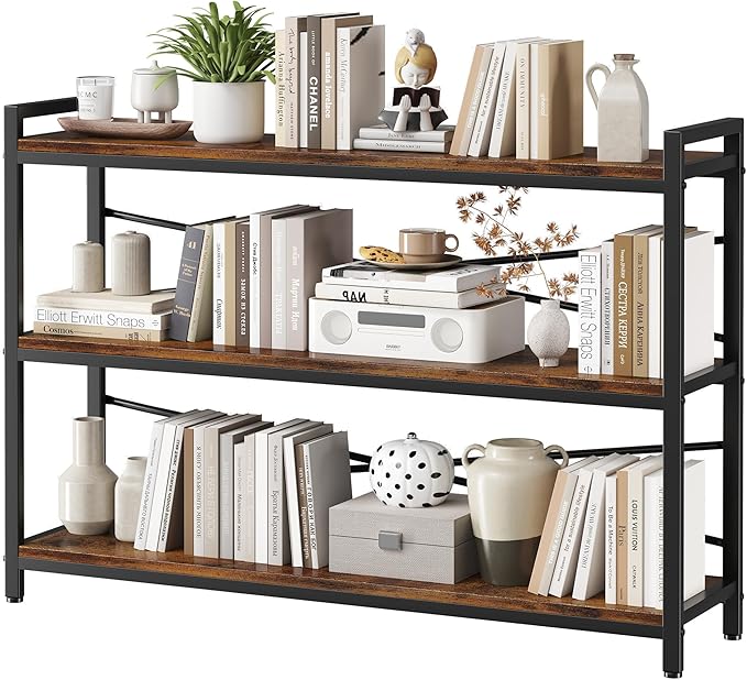 3 Tier Bookshelf 47.24" Width, Wood and Metal Etagere Bookcase, Vintage Farmhouse Modern Wooden Large Book Shelf for Home Living Room Bedroom Office Storage(Rustic Brown)