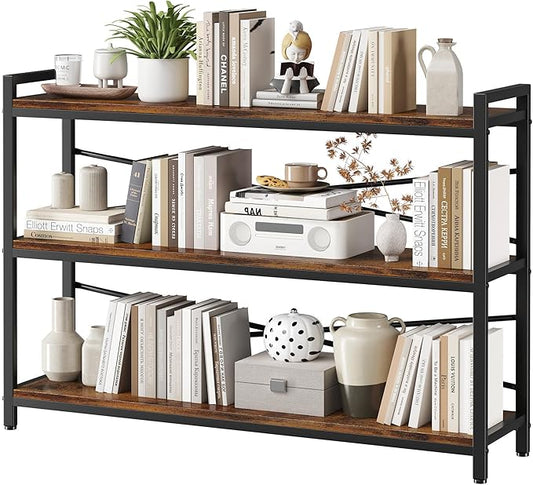 3 Tier Bookshelf 47.24" Width, Wood and Metal Etagere Bookcase, Vintage Farmhouse Modern Wooden Large Book Shelf for Home Living Room Bedroom Office Storage(Rustic Brown)