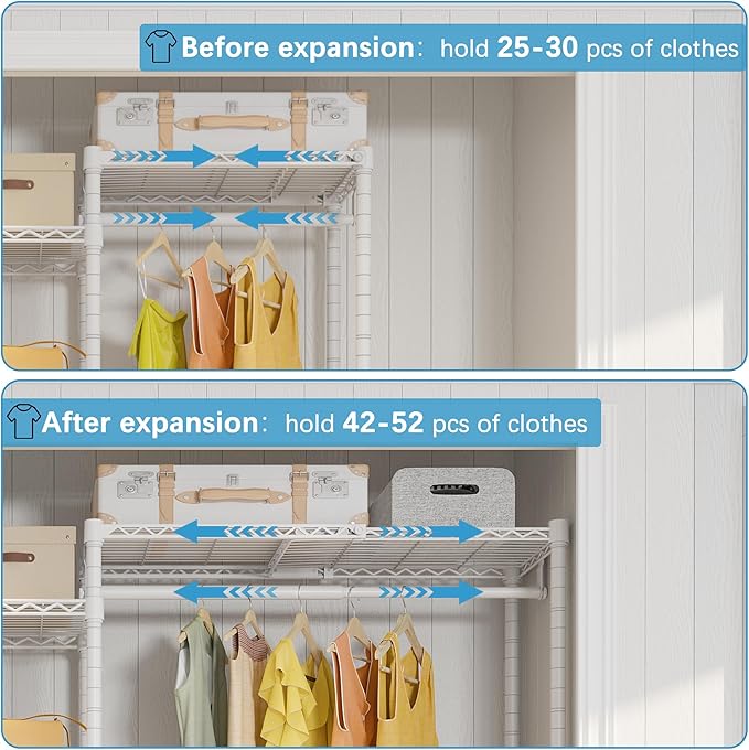 VIPEK X20 Expandable Metal Clothing Rack Adjustable from 3'3" to 4'8" Heavy Duty Garment Racks with Adjustable Shelves and Hanger Rods Portable Wardrobe Open Closet Rack System, White