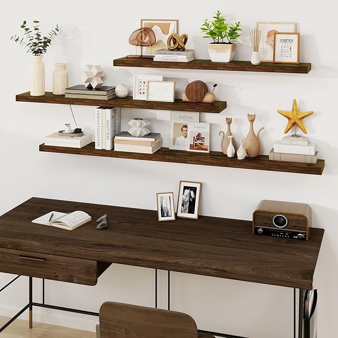 Fun Memories 72Inch Floating Shelves,Wall Mounted Rustic Wood Floating Shelf with Invisible Brackets for Storage & Decor,2 Pack Shelves for Bathroom,Bedroom and Kitchen,Brown