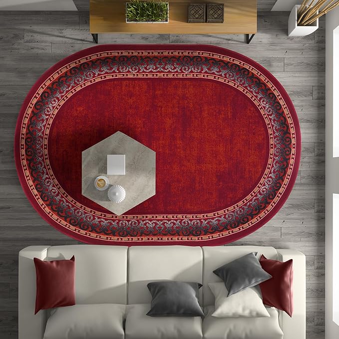 Antep Rugs Alfombras Bordered Modern 5x7 Non-Slip (Non-Skid) Low Pile Rubber Backing Indoor Area Rug (Maroon Red, 5' x 7' Oval)