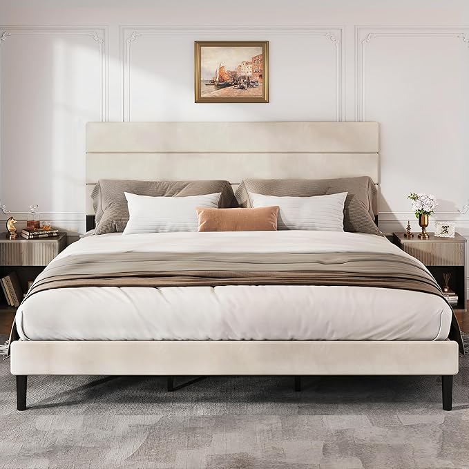 WLIVE King Size Upholstered Bed Frame, Velvet Square Tufted Headboard, Sturdy Metal & Wooden Slats Support, No Box Spring Needed, Beige