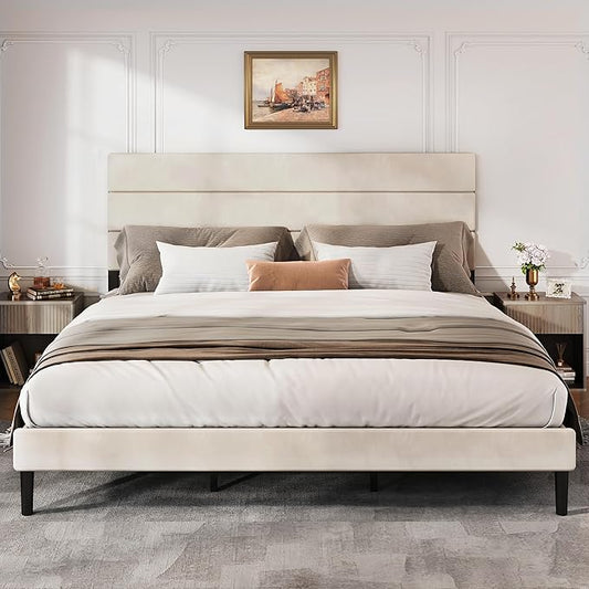 WLIVE King Size Upholstered Bed Frame, Velvet Square Tufted Headboard, Sturdy Metal & Wooden Slats Support, No Box Spring Needed, Beige