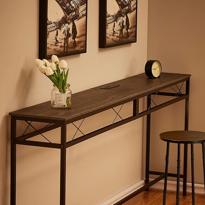 VECELO 71In Extra Long Narrow Sofa/Console Table with Charging Station & Power Outlet and USB Ports, for Entryway, Living Room, Office, Industrial, Dark Grey