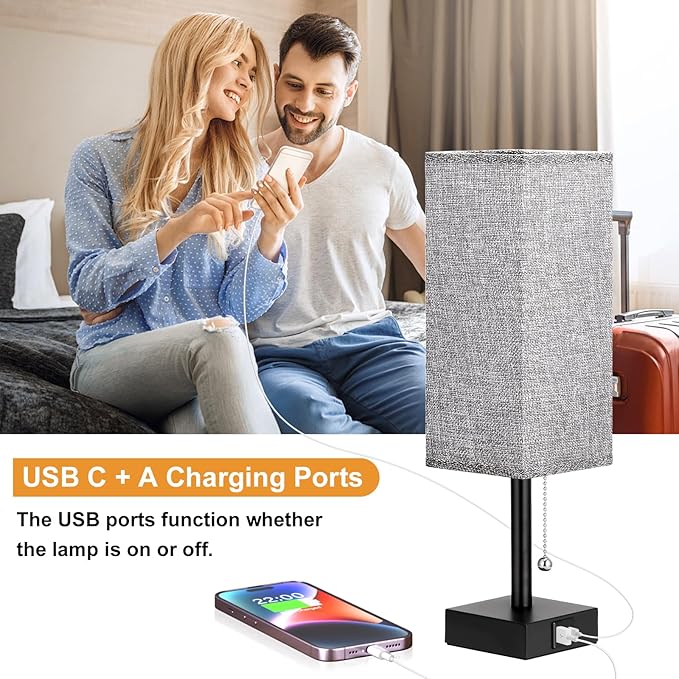 Bedside Table Lamps Set of 2 - Gray Bedroom Lamps with 3 Color Temperatures (3000K/5000K/4000K), Square Nightstand Light with USB C + A Charging Ports, Pull Chain Small Night Light