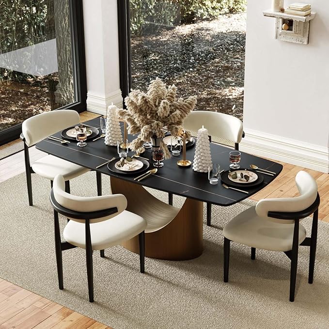POVISON 63" Hobart Modern Dining Table for 4, Matte Black Heavy-Duty Rectangle Dining Table, Sintered Stone Dining Tabletop with Bronze Carbon Steel Pedestal (Table Only)