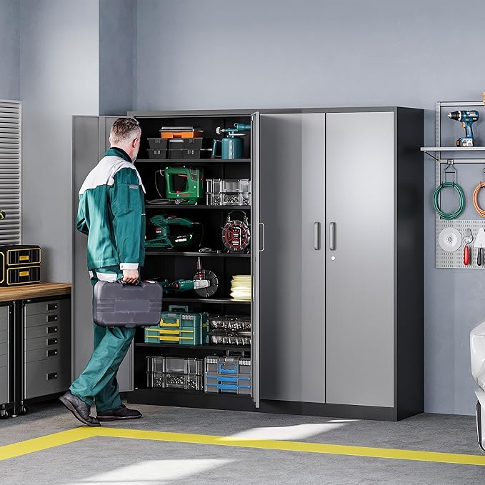 Letaya Metal Storage Cabinets with Lock Door and 5 Adjustable Shelves, Steel Garage Tool Organization Cabinets for Home,Utility Room, Warehouse,Lockers(71"-Black Gray)