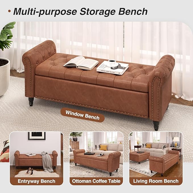 65 Inch Bedroom Bench, End of Bed Bench with Storage, Bed Benches for Foot of Bed, Faux Leather Window Bench with Tufted Button and Nailhead Trim, Upholstered Storage Bench with Rolled Arms, Brown