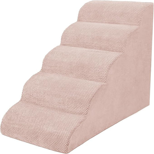 5 Steps Dog Stairs for Bed, 24" Dog Steps for High Bed, High Density Pet Steps for Small Dogs, Extra Wide Non-Slip Dogs Ramp for Injured, Older Pets, Small Cats, Pink