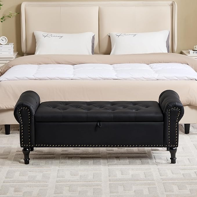 Storage Bench for Bedroom, 51" Upholstered End of Bed Bench, Faux Leather Queen Size Benches with Rolled Arms, Tufted Button Storage Long Ottoman, Living Room, Entryway, Black