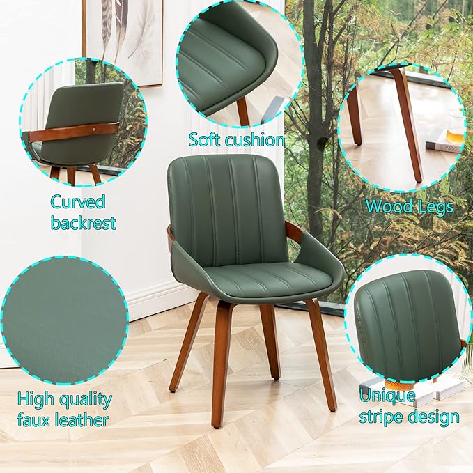 Mid Century Modern Faux Leather Upholstered Dining Chairs Set of 2,Armless Accent Chairs with Sturdy Natural Wood Legs,Bamboo Backrest Support for Kitchen&Dining Room Chairs(Green PU)