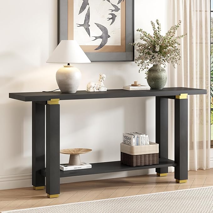 63" Modern Minimalist Console Table with Storage Shelf, Solid Wood Industrial Entryway Sofa Table with Metal Accents for Living Room, Hallway (Black)