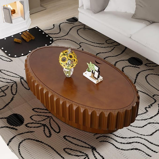 Round Drum Coffee Table White Fluted Coffee Table Circle Center Table Pedestal End Table for Apartment (Oval 43.3in)