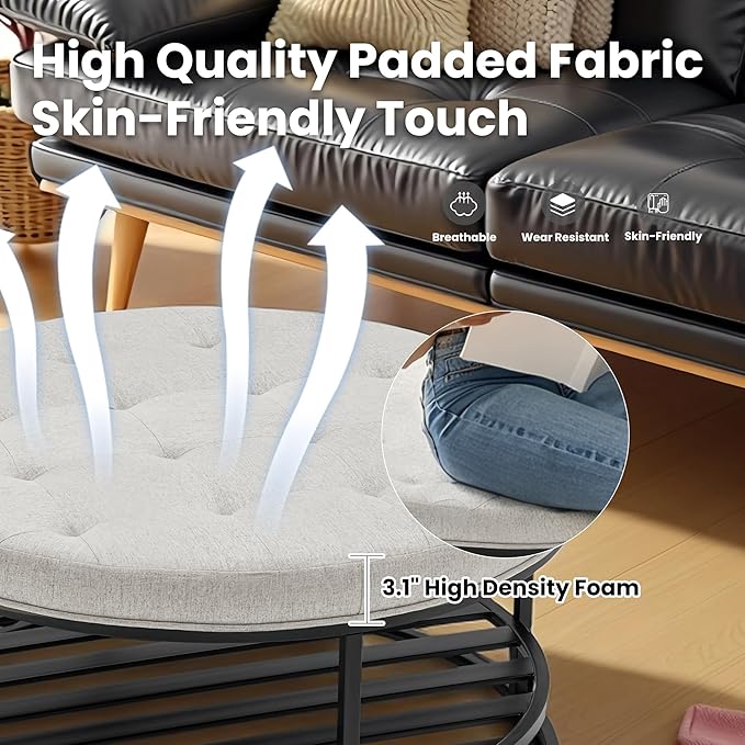 Ottoman Coffee Table with Upholstered Tufted Linen Fabric, Round Center Table with Storage Large Footrest Ottoman for Living Room Cream White