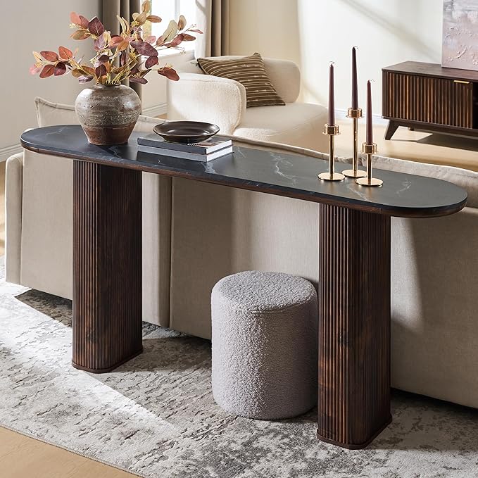 OKD 63 Inch Modern Console Table with Arc Marble Texture Top, Fluted Wood Base, Contemporary Entryway Sofa Table for Living Room, Hallway, Foyer, Dark Walnut