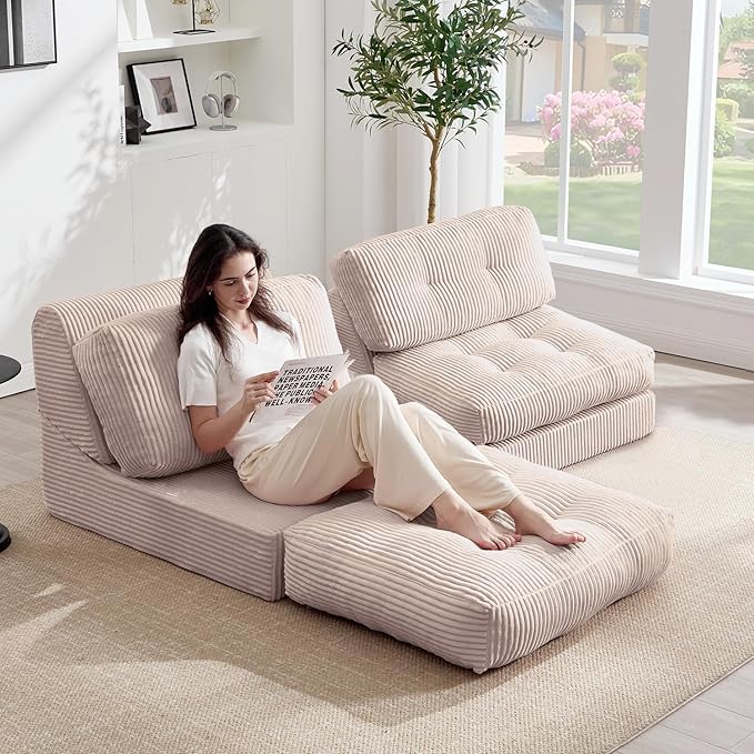 Tbfit 35.8'' Folding Sofa Bed, Convertible Sleeper Chair with Large Pillow, Corduroy Folding Couch Bed, Portable & Foldable Mattress Boneless Floor Sofa Set of 2, Khaki