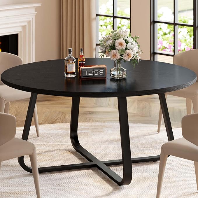 LVB 42 Inch Black Round Dining Table for 4 to 6, Circle Dining Tables, Modern Wood Metal Kitchen Tables, Round Dining Room Table for Home Kitchen Living Room,Black Oak