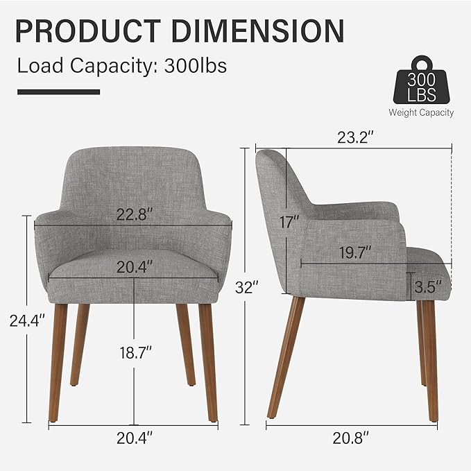 Upholstered Dining Chairs Set of 4, Modern Kitchen Chairs with Back and Curved Armrest, Fabric Side Dining Room Chairs with Wood Legs for Kitchen Dining Room Restaurant, Grey