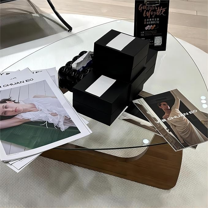 EASYSOUL Modern Glass Coffee Table, 32.68" D x 22.44" W x 15.75" H, Abstract Round Tea Tables for Living Room Home Office Industrial Cocktail Tables (Walnut-Clear Glass, 32.68")