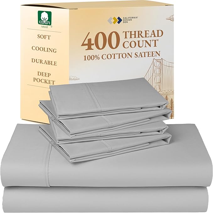 California Design Den 6-Pc Queen Size Sheet Set with 4 Pillowcases - 400 Thread Count 100% Cotton Sheets, Cooling Sateen Weave, Luxury Deep Pocket Bedsheets Set - Light Grey