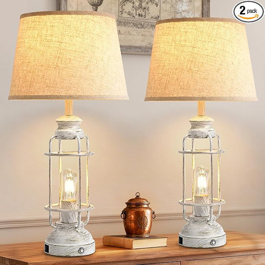 28" Table Lamps for Living Room Set of 2, 3 Way Dimmable Touch Lamps with USB A+C Ports,Farmhouse Table Lamps for Bedroom,Industrial Lamp for Living Room End Tables,4 Bulbs Included