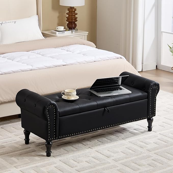 Storage Bench for Bedroom, 51" Upholstered End of Bed Bench, Faux Leather Queen Size Benches with Rolled Arms, Tufted Button Storage Long Ottoman, Living Room, Entryway, Black