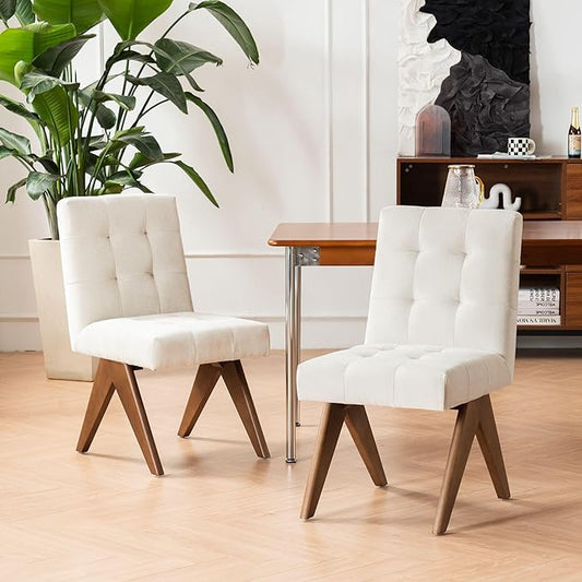 Rowill Modern Upholstered Dining Chairs Parsons Chair Linen Fabric Kitchen Chairs Tufted Armless Dining Room Chairs with Wood Legs Set of 2, Beige