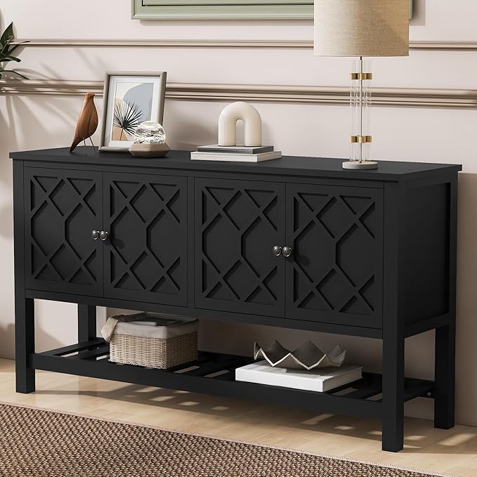 Elegant 60'' Entryway Console Table with 4 Doors and Functional Bottom Shelf, Wood Storage Cabinet Sideboard for Dining Room Living Room Office (Black-HK)