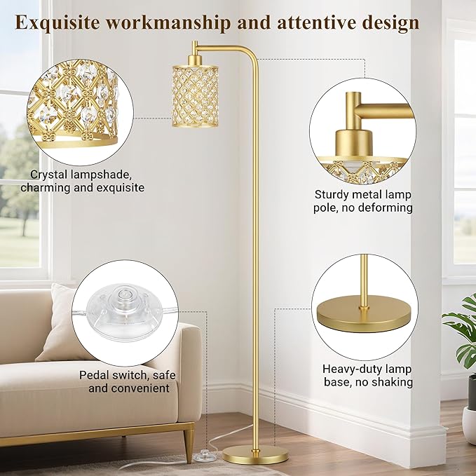 QiMH Industrial Floor Lamp for Living Room, Modern Standing Lamp with Crystal Lampshade Pedal Switch, 67” Tall Lamp for Bedroom Study Room, Gold(2700K LED Bulb Included)