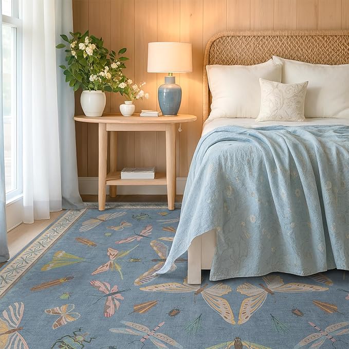 Washable Living Room Rug 8x10, Dusty Blue Area Rugs for Bedroom Under Bed, Dining Room Under Kitchen Table, Kids Room, Playroom, Lage Modern Boho Carpet, Ultra Soft Stain Resistant Colorful Decor