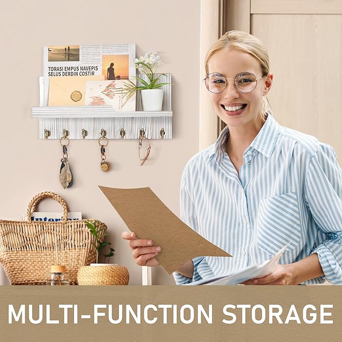 Rebee Vision Farmhouse Key and Mail Holder for Wall - Decorative Mail Organizer Wall Mount with 7 Hooks and Mounting Hardware - Elegant White Key Hanger for Entryway and Home Wall Decor (Whitewash)