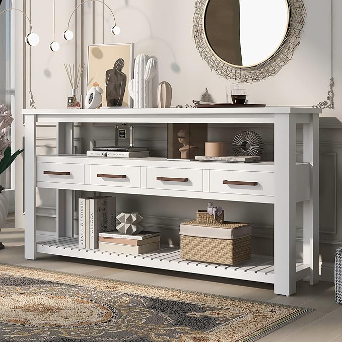 Modern 62'' Console Table Sofa Entryway Table with 4 Drawers and 2 Shelves, Acacia Wood Kitchen Buffet Cabinet Sideboard, Accent Table Furniture for Entryway Kitchen Living Room (White-4DE)