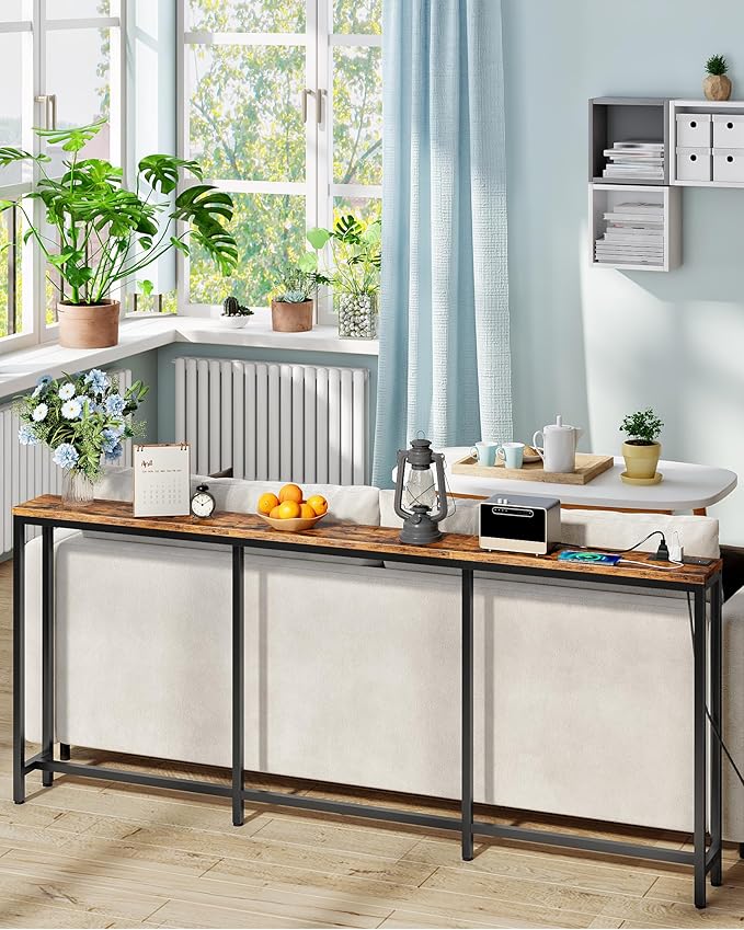70.9" Console Table with Charging Station, Narrow Long Behind Couch Table, with 2 AC Outlets, 1 USB-A Port and 1 Type-C Port Rustic Brown and Black TXG28UBF