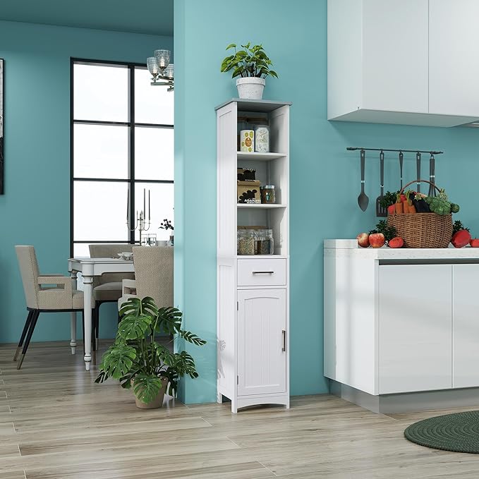 Tall Bathroom Storage Cabinet - 13" Narrow Slim Cabinet with Adjustable Shelves & Anti-Fall Drawers, Freestanding Linen Closet Organizer (Matte White & Grey Top, 64" Tall Cabinet with Doors)
