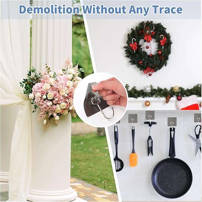 Adhesive Wall Hooks for Hanging - 60lb Heavy Duty Waterproof & Rustproof, Sticky Hooks for Walls No Damage, Kitchen/Bathroom/Rental (Ganchos para Pared) 10-Pack