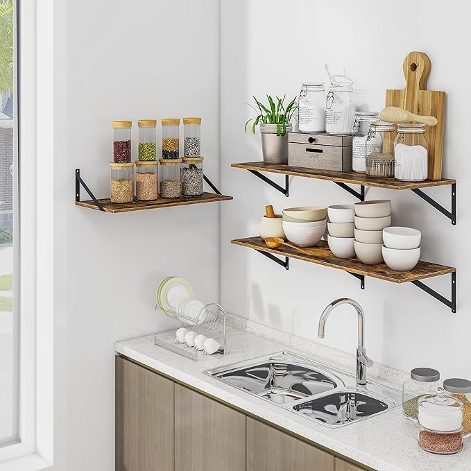 Heimlove Deep Floating Shelves for Wall, 48W x 12D Wood Wall Shelves Set of 2, Wide Floating Bookshelf for Living Room, Kitchen, Office, Bedroom and Decor Storage, with Metal Bracket - Rustic Brown