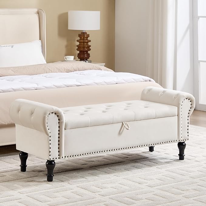 Storage Bench for Bedroom, 51" Upholstered End of Bed Bench, Velvet Queen Size Benches with Rolled Arms, Tufted Button Storage Long Ottoman, Living Room, Entryway, Beige