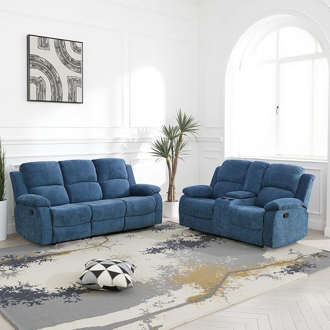 Manual Recliner Sofa Set,Microfiber Reclining Couch Set,Modern Living Room Furniture Set,Reclining Sofa Couch Chair for Living Room Home Office(Light Blue,Sofa+Loveseat)