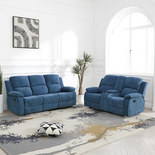 Manual Recliner Sofa Set,Microfiber Reclining Couch Set,Modern Living Room Furniture Set,Reclining Sofa Couch Chair for Living Room Home Office(Light Blue,Sofa+Loveseat)
