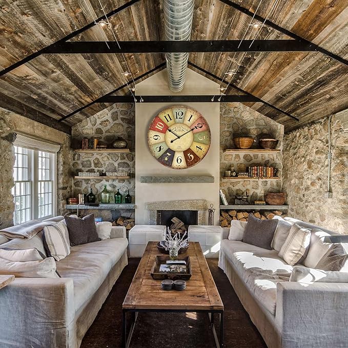 24 Inch Vintage Wall Clocks French Style Retro Wall Clock Large Farmhouse Clocks Retro Colorful Wall Clock Decorative Battery Operated Silent Scan Non-Ticking for Home Living Room Bedroom