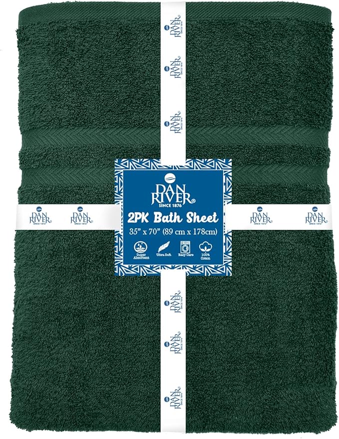 DAN RIVER 2 Pack Luxury Bath Sheets 35x70, 600 GSM, Soft & Quick Dry 100% Ring Spun Cotton Towels Ideal for Hotels, Spas, Gyms & Salons Extra Large, Hunter Green