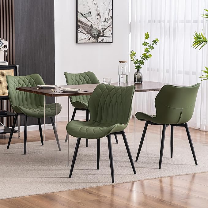 Kidol & Shellder Dining Chairs Set of 2 Green Modern Kitchen Chairs with Back Armless Accent Chairs for Living Room Upholstered Faux Leather Chair Mid Century Comfy Side Chair with Metal Legs