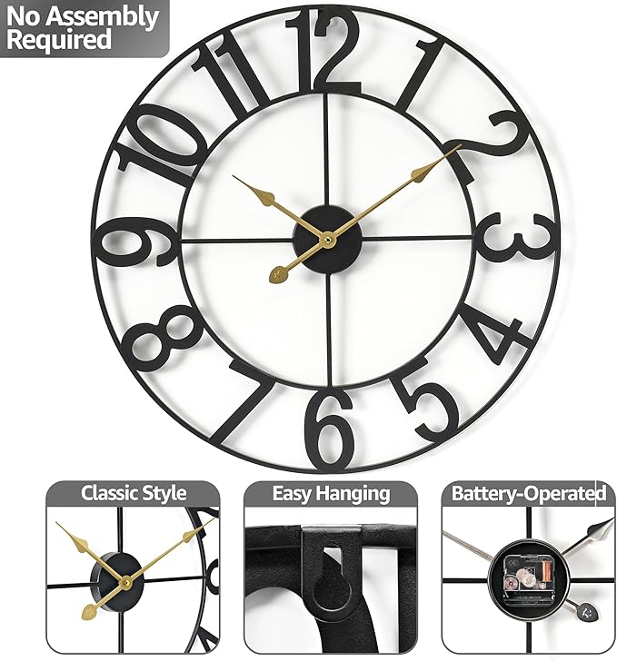 Sorbus 16-Inch Large Wall Clock – Decorative Black Metal Clock with Gold Hands – Silent, Battery Operated, Modern Wall Decor for Living Room, Kitchen, or Office – Great Gift for Housewarming or Office
