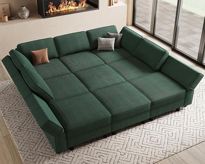 88.6" 9 Seat Modular Sectional Sofa with Deep Storage Seat,Corduroy Comfy Sectional Couch Convertible Modular Sleeper Sofa Couch with Movable Ottoman,Upholstered Couches for Living Room,Green