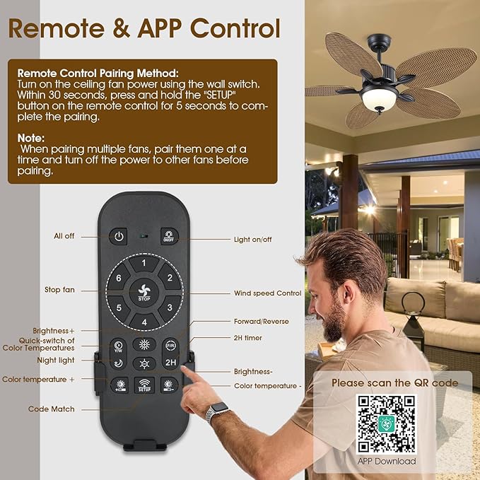 50 Inch Tropical Ceiling Fans with Lights and Remote/APP Control, Outdoor Waterproof Palm Leaf Ceiling Fan for Patios Porches, Wet Rated, Glass Lampshade, 6 Speeds, Quiet, Wood Grain